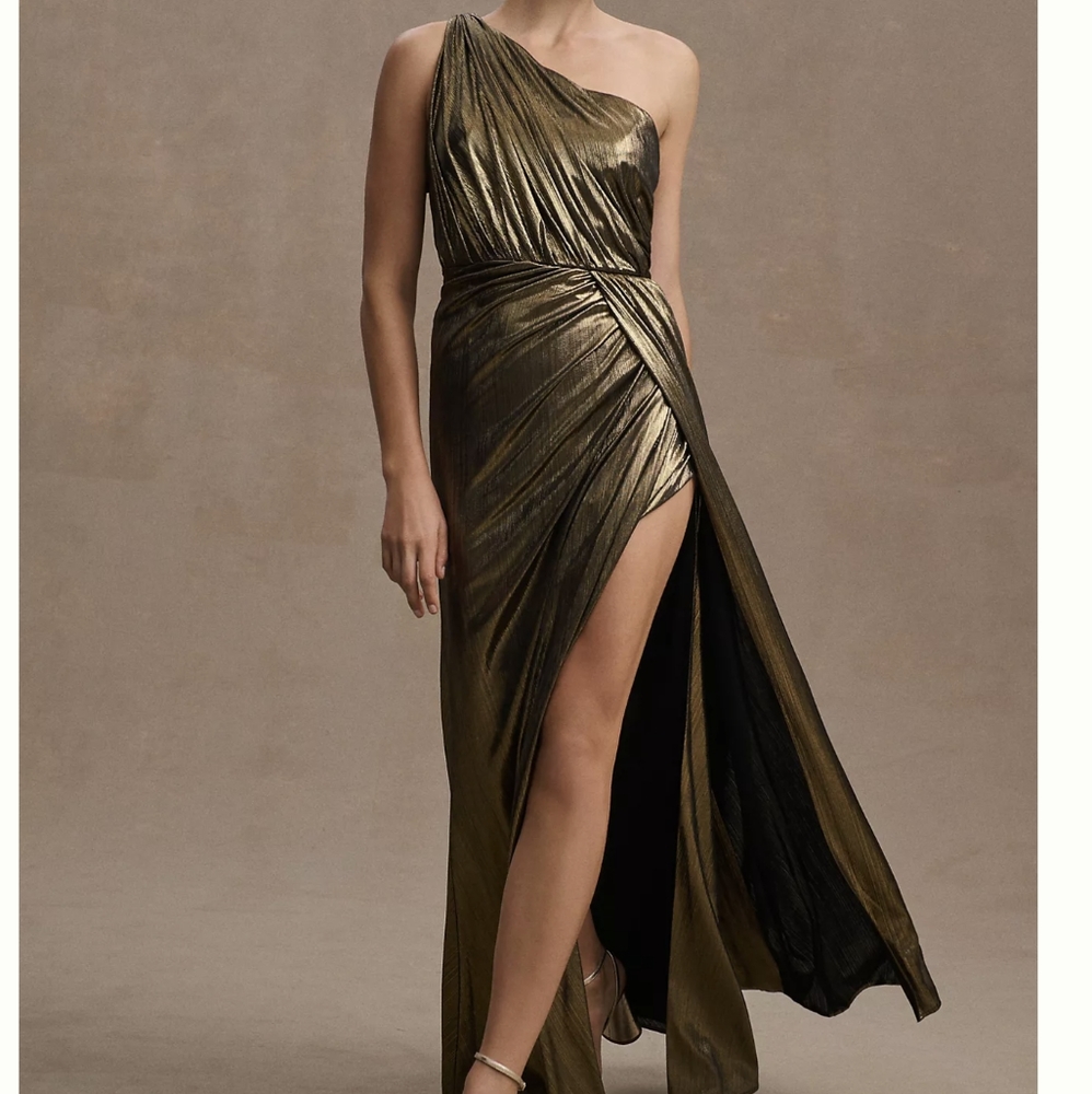 MAC DUGGAL 26537 METALLIC ANTIQUE GOLD ONE SHOULDER GRECIAN THIGH SLIT GOWN 12